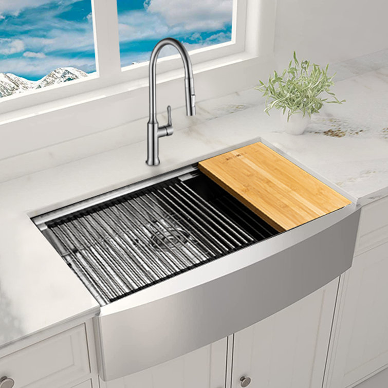 KBFmore AP2LE30SSGRCB 30 inch Single Bowl Farmhouse Workstation Kitchen Sink with 6 Pcs Kitchen Sink Accessories