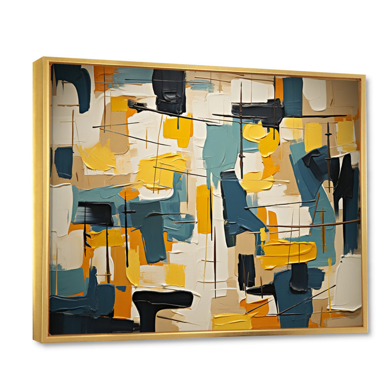 Expressionnisme abstrait carré - peinture abstraite murale, H 12 po x l 20 po x P 1 po, Cadre flottant doré