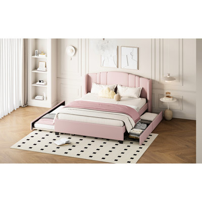 Lit plateforme tapissier avec tête de lit à oreilles rose - sans sommier tapissier, 2 tiroirs et lit gigogne simple pour une décoration de chambre à coucher fonctionnelle et élégante