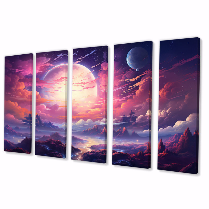 Rose pleine lune sur un paysage de montagne magique I - Art mural sur toile, 5 panneaux égaux