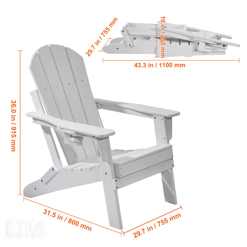 Ensemble de 2 chaises Adirondack pliantes toutes saisons, durables et confortables pour l'extérieur, blanc