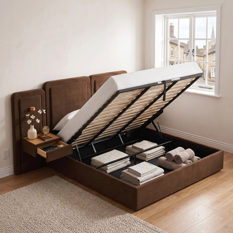 Ensemble de chambre à coucher 3 pièces: lit de rangement rembourré moderne avec lumières DEL et tables de chevet flottantes, grand, brun