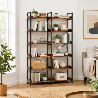 6-Tier Industrial Bookshelf, 67" Wooden Bookshelf with Open Shelves, Freestanding Metal Frame Bookcase for Storage and Display, Modern Book Shelves fo