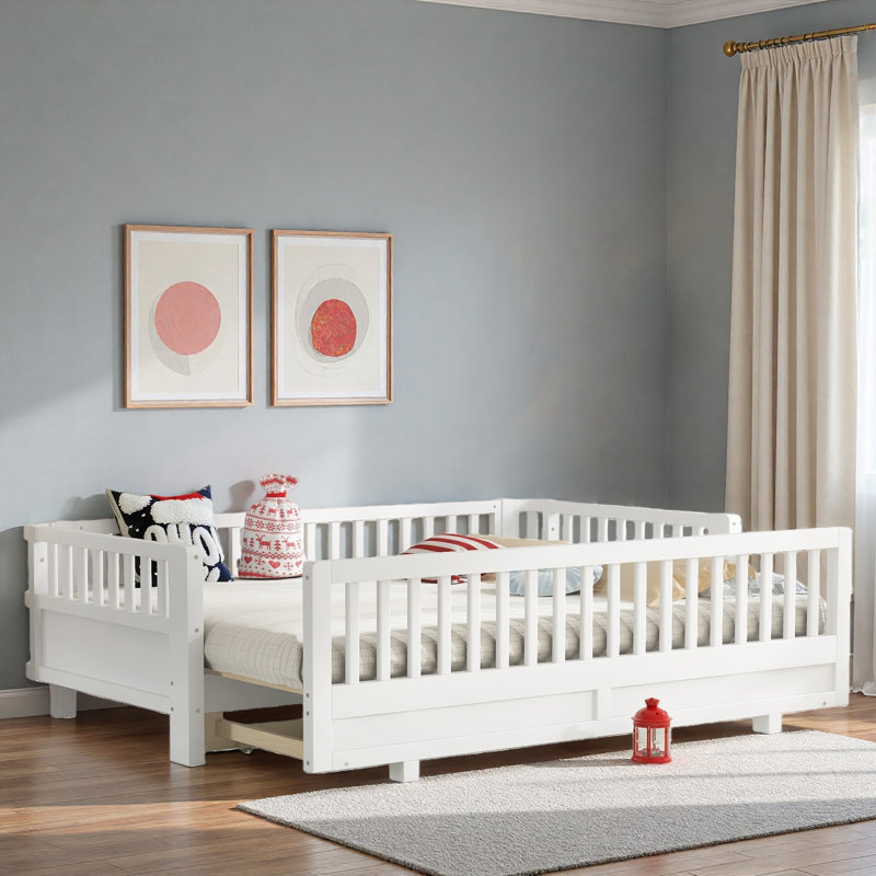 Lit plateforme avec garde-corps et taille convertible, Blanc, Très grand simple