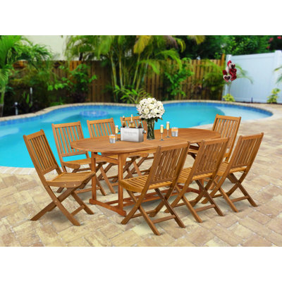 9 Piece Patio Garden Table Set Includes an Oval Outdoor Acacia Wood Dining Table and 8 Folding Side Chairs, 36x79 Inch, Natural Oil