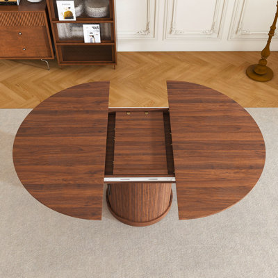 59" Extendable Oval Dining Table With 2-Tier Storage For 4-6, Space Saving Expandable Kitchen Table In Walnut Brown, MDF With Pedestal Base