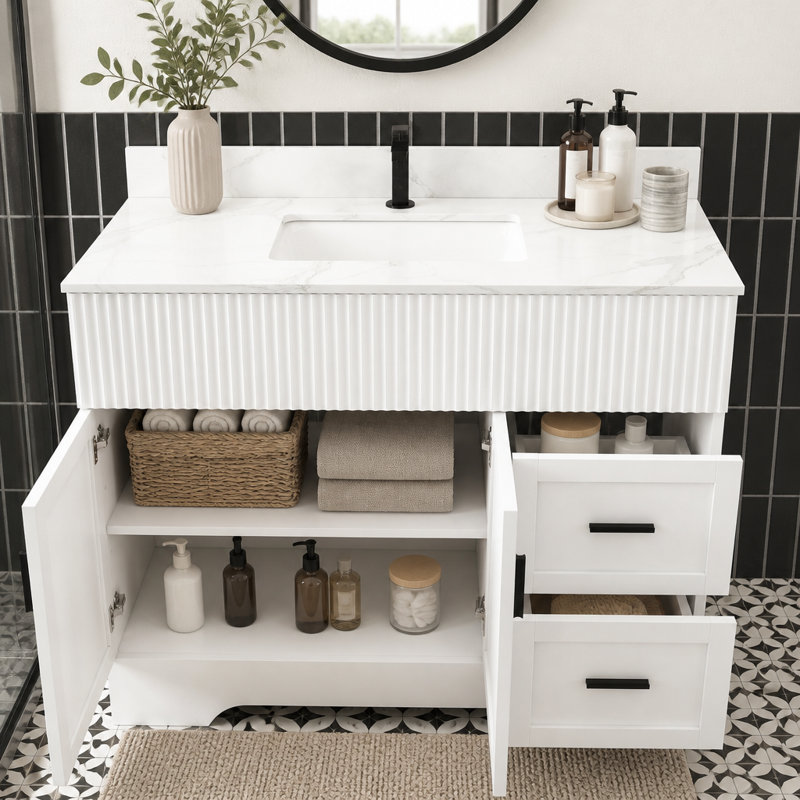 Freestanding Standard Single Vanity Bathroom Vanity With Faux Marble Top