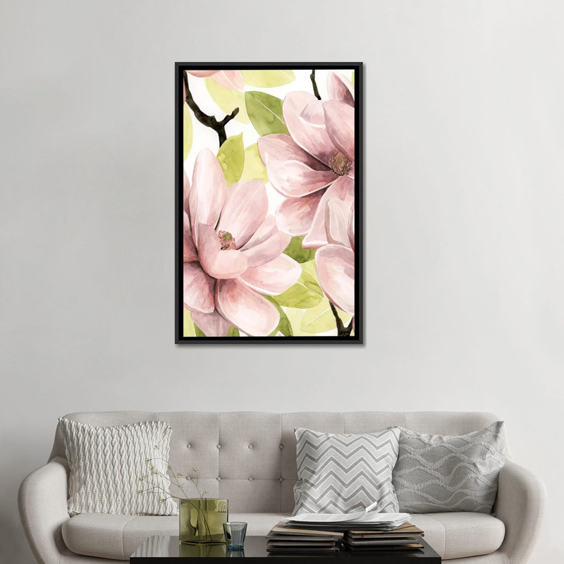 «Blush Magnolia I», impression sur toile tendue, H 26 po x l 18 po x P 1,5 po, Toile avec cadre noir, Pas de tapis
