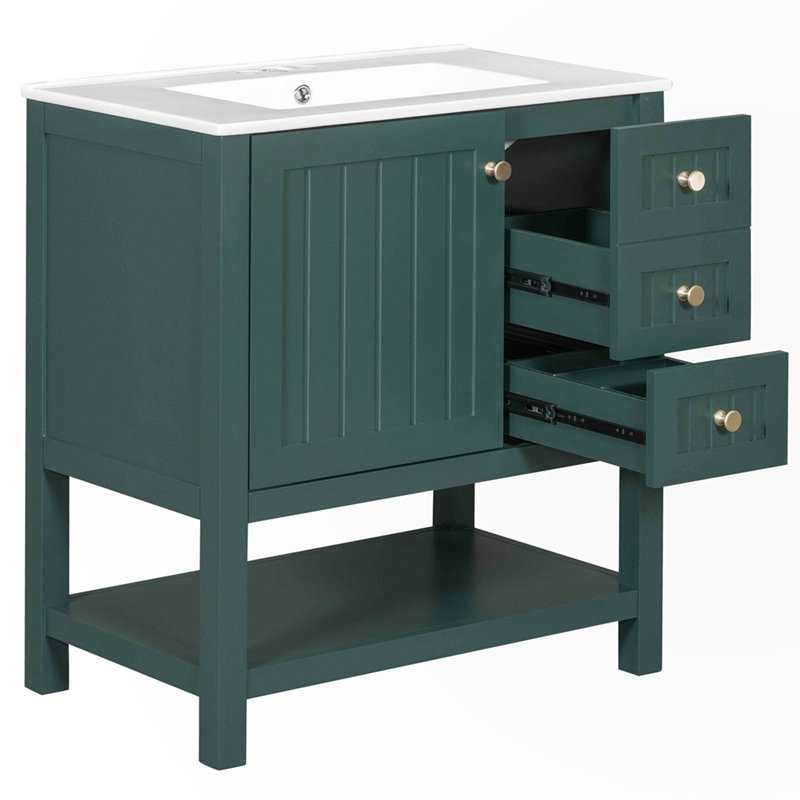 Meuble-lavabo pour salle de bain avec lavabo en céramique, Vert