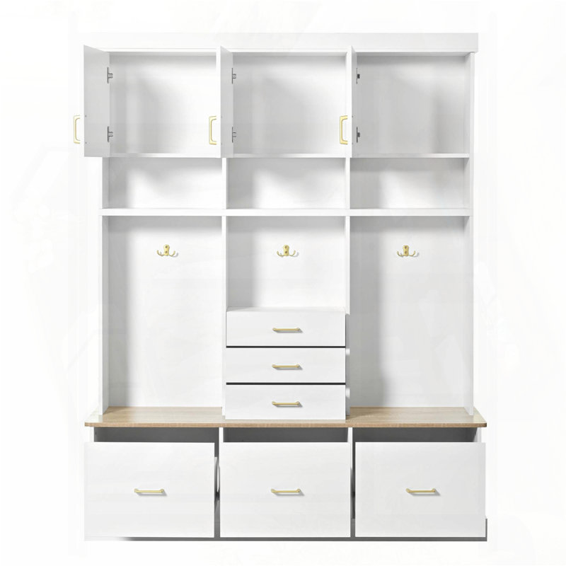 5-in-1 Hall Tree with 6 Drawers, 3 Cabinets, and 3-Tier Top Storage, White