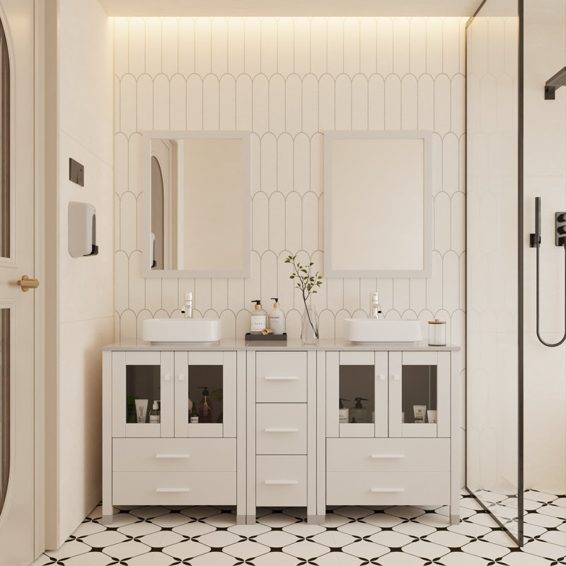 61'' Standalone Bathroom Vanity With Ceramic Sink And Mirror, White