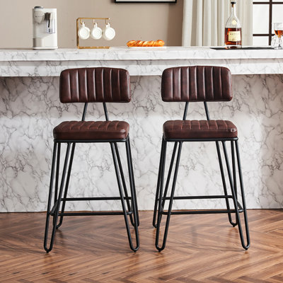 De 2 tabourets de bar industriels, chaises de hauteur comptoir en cuir et métal, repose-pieds rétro pour îlot de cuisine, salle à manger, bar personnel, tabourets bruns (2 pièces), chaises à structure en métal,