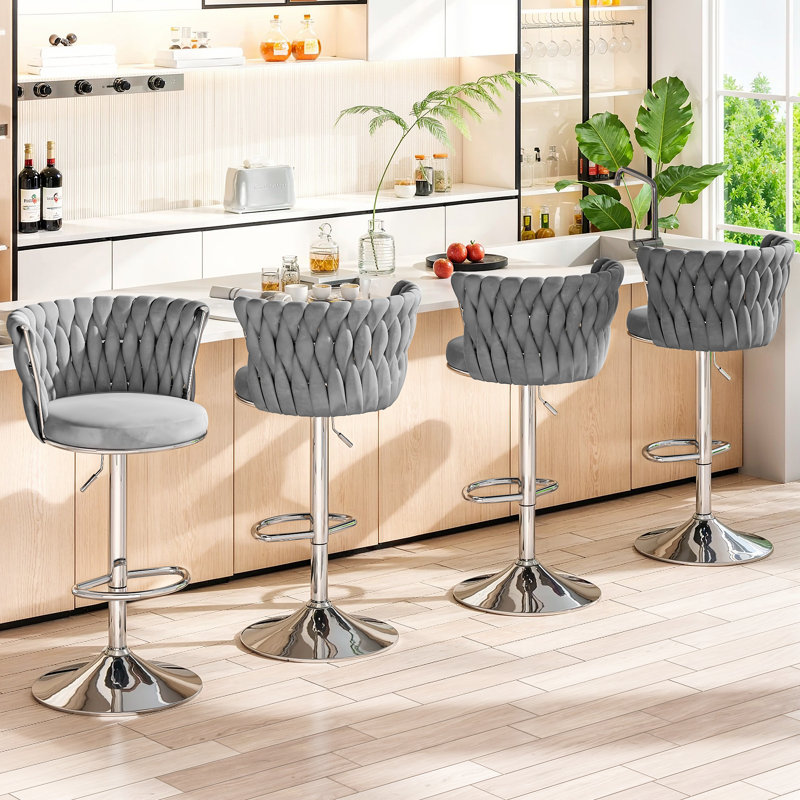 Grey Bar Chair (2-Pack): Woven Design Backrest, Adjustable Height, 360 Degree Rotation, Stable Footrest, Circular Metal Base