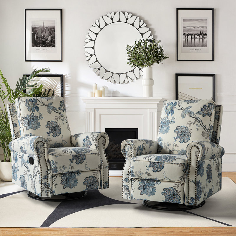 Antasia 34'' W Rocking Swivel Nursery Recliner, Blue/Cream Polyester