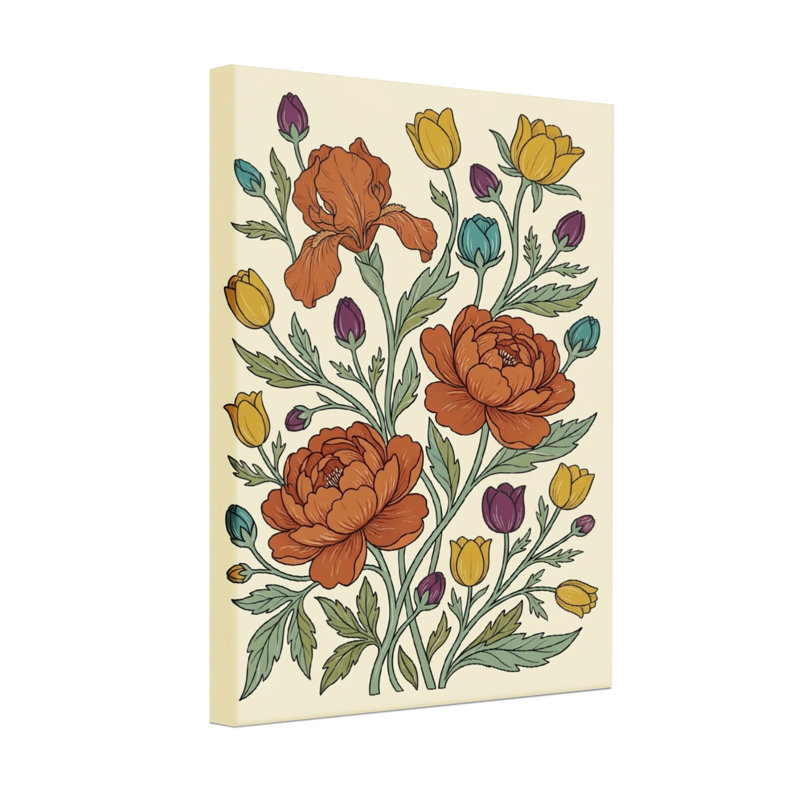 Plantes et fleurs avec motif floral orange et jaune, H 30 po x l 20 po