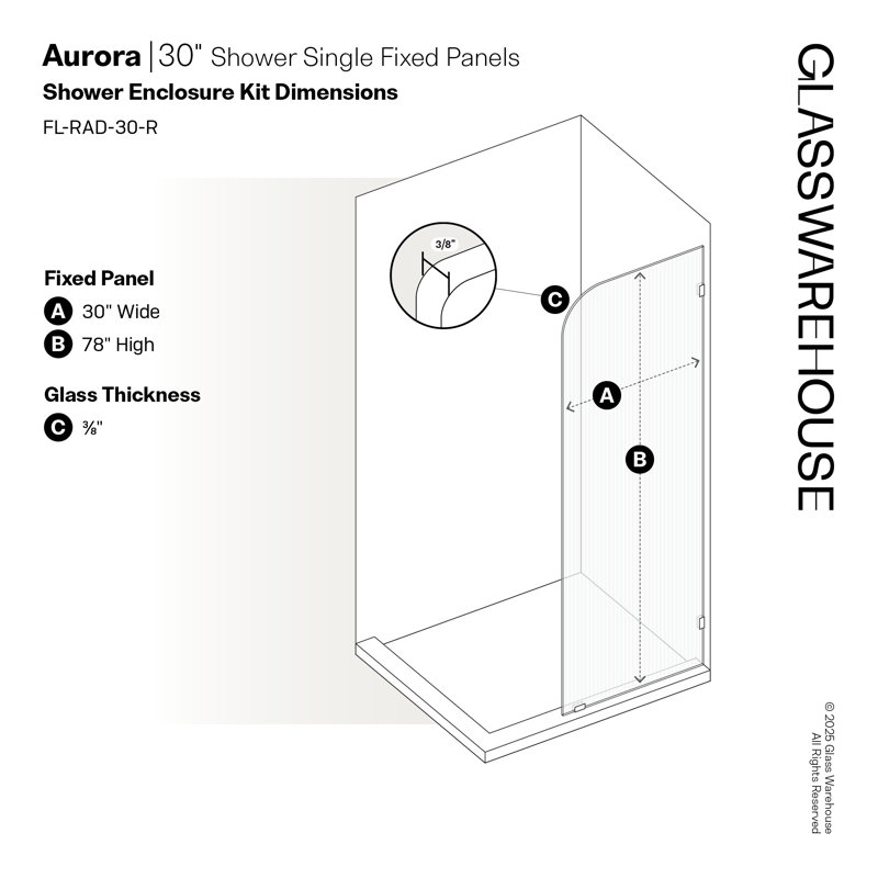 Aurora 30 in. x 78 in. Fully Frameless Fluted Radius Single Fixed Shower Panel, Satin Brass, Right Opening