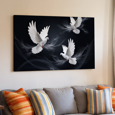 Canvas A Hauntingly Ethereal Scene Featuring Three White Doves In Mid Wall Art Flight Against A Deep Black Background Creating A Canvas Wall Art