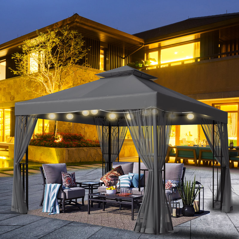 Gray 10x10 Steel Patio Gazebo with Mesh Curtains