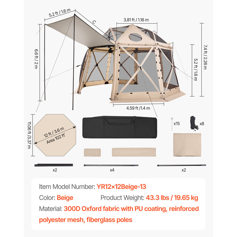 Tente escamotable Pop Up Gazebo, 12 x 12 pi, auvent de camping sphérique à 13 côtés avec toit amovible et sac de transport, à fixation rapide et à l'épreuve des piqûres, abri de soleil pour 8 à 10 personnes, beige