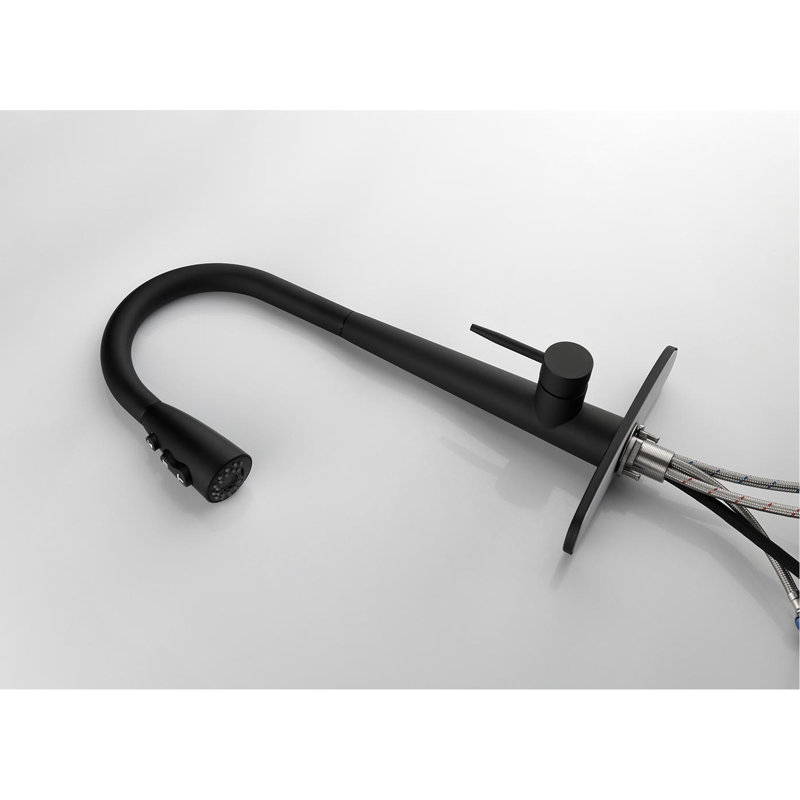 Robinet d'évier de cuisine à poignée simple avec douchette rétractable, fabrication en acier inoxydable, aspect noir mat, mouvement de la buse à arc élevé 360, trois réglages de débit d'eau, jet, température et débit faciles