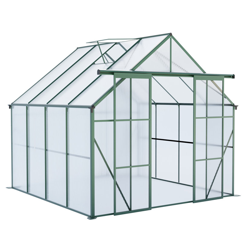 Double Door Polycarbonate Greenhouse Raised Base And Anchor Aluminum Heavy Duty Walk-In Greenhouses, Green