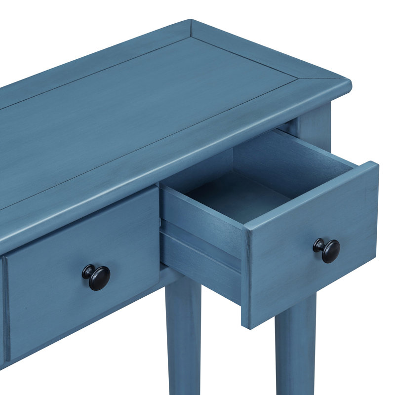 Console bleu marine avec 4 tiroirs et tablette ouverte By. Pin rétro de style rétro. Le plateau de table robuste peut supporter 220 lb, le tiroir 15 inférieur et 33 lb. Table fonctionnelle fonctionnelle. Instructions d'assemblage