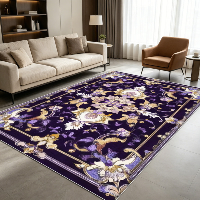 1PC Vintage Persian Floral Purple Gold Bohemian area rugs for Living Room, Soft, All seasons, Easy-maintain, Washable Indoor mat, Farmhouse suitable for dining table, bedroom, entryway, kitchen, patio, hallway, Home Decor, Outdoor Decor.