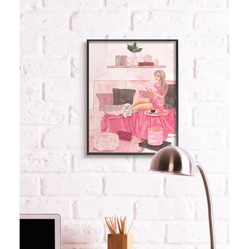 Fashionista lecture avec intérieur de chambre rose pour chien, H 20 po x l 16 po, Giclée encadrée noir minuit