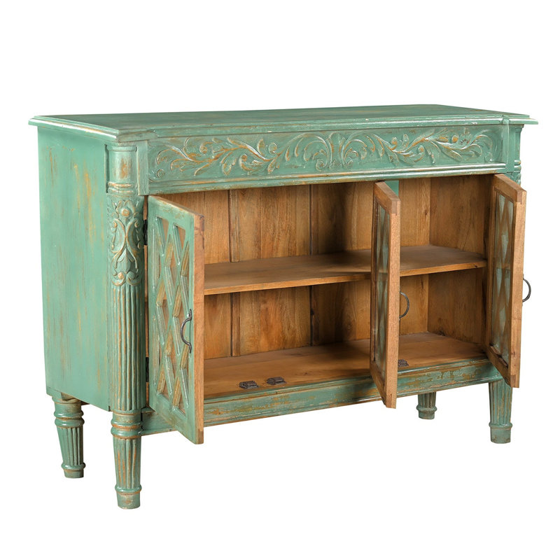 Distressed Blue Mango Wood Sideboard with Glass Doors