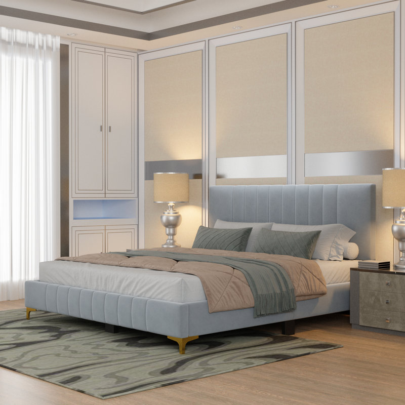 Jineane Upholstered Panel Bed, Full , Gray/Gold