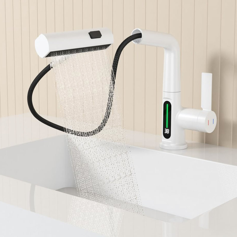 White Pull-Out Lift Basin Faucet With Led Temperature Indicator - 360 Rotatable, 31 Spout Modes, Adjustable Height Bathroom Sink Lift, Rotation, Height, Tap