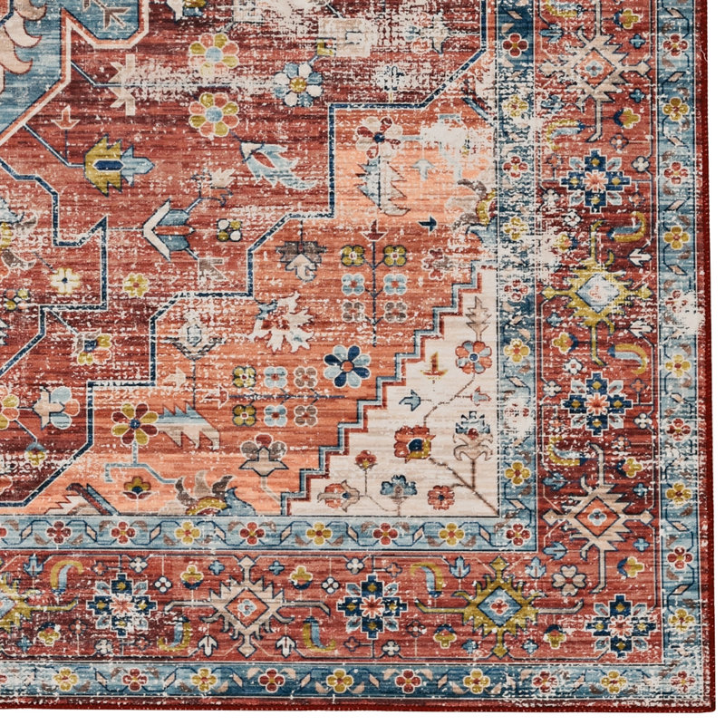 Jakobson Machine Washable Rust and Ivory Area Rug, Rectangle 5' x 7'