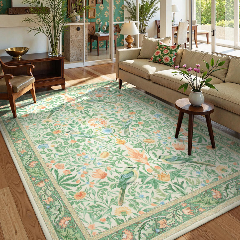 Vintage Botanical Bird-Print Machine-Washable Low-Pile Area Rug with Non-Slip Backing, Rectangle 5' x 7'
