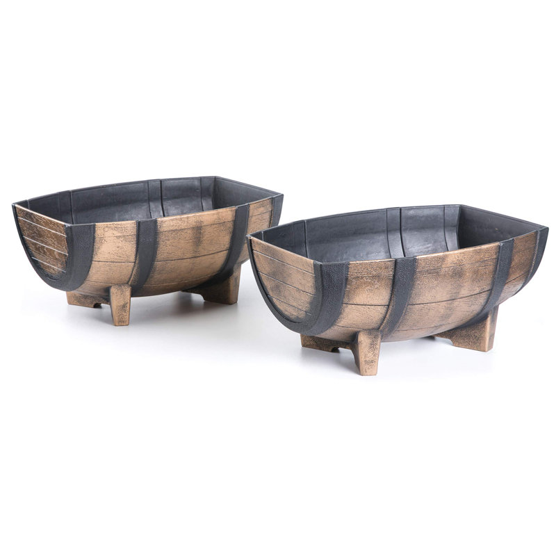 Rustic Brown and Black Plastic Half Barrel Planter Set