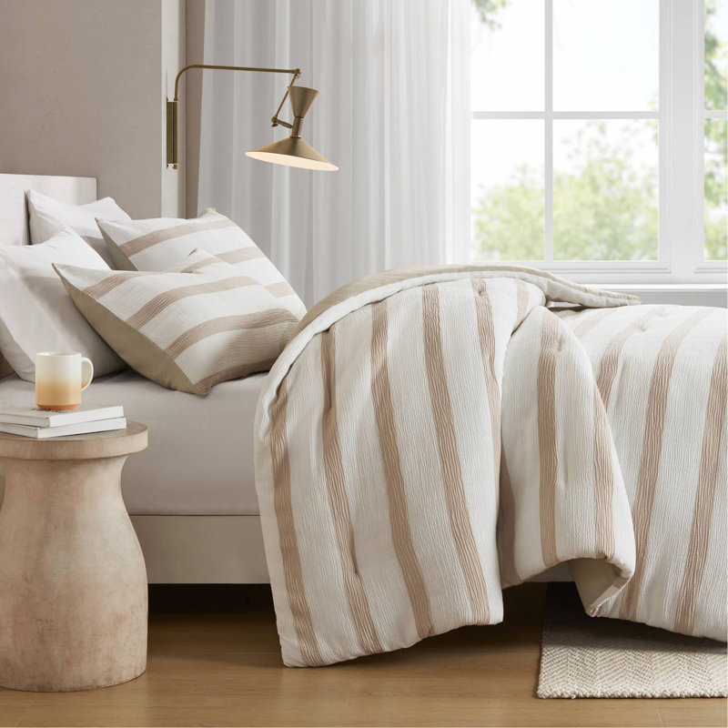 Édredon 3 pièces pour lit double / rayé teint en laine, Taupe