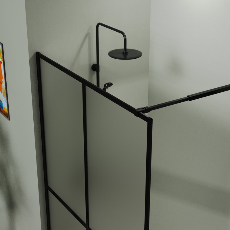 72" Frosted Tempered Glass Shower Screen Door with Black Aluminum Frame