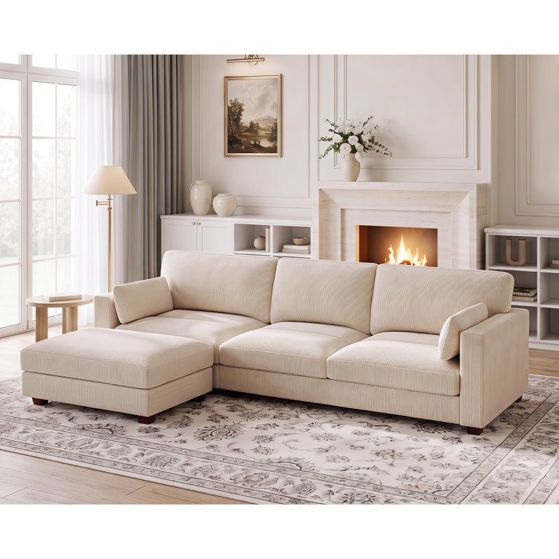 Canapé modulaire rembourré en velours côtelé de 110,7 po de largeur avec repose-pieds amovible, White Corduroy