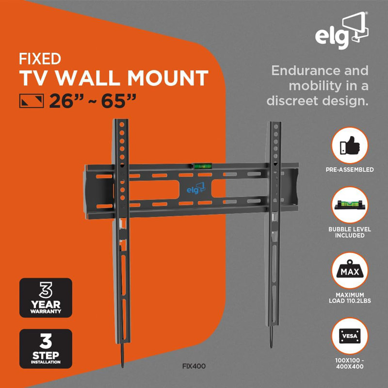 Fixation murale fixe ELG FIX400 avec support pour téléviseur à profil bas de 100 x 100 à 400 x 400 VESA