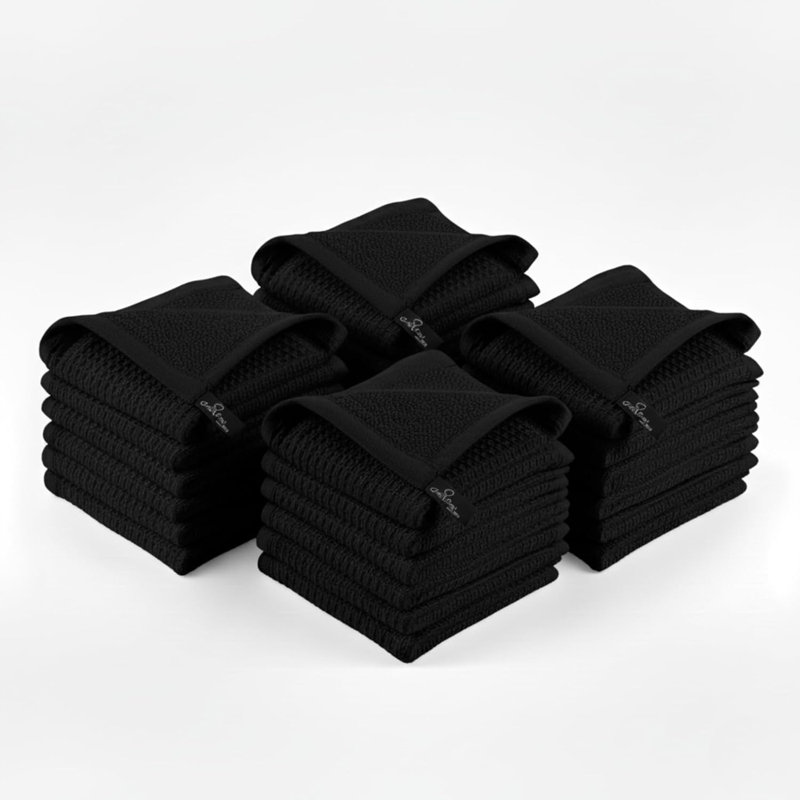 Kitchen Cleaning Dish Wash Cloths Waffle Terry Design Kitchen DishCloths|Washable 12x12 Cotton Dish Rags for Drying Dishes|Counter Top Barista Dust Wipes|Spring Easter Basket Decor| 24 Pc Set-Black