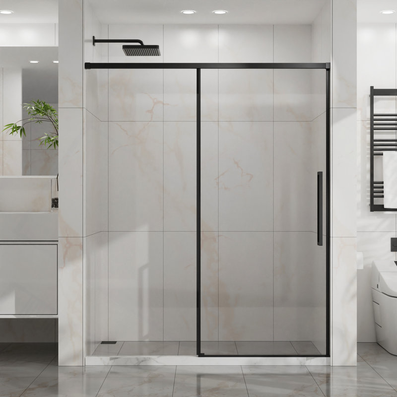 Porte de douche coulissante, porte de douche en verre semi-sans cadre, verre trempé transparent de 1/4 po (6 mm) d'épaisseur avec revêtement facile à nettoyer, quincaillerie en acier inoxydable
