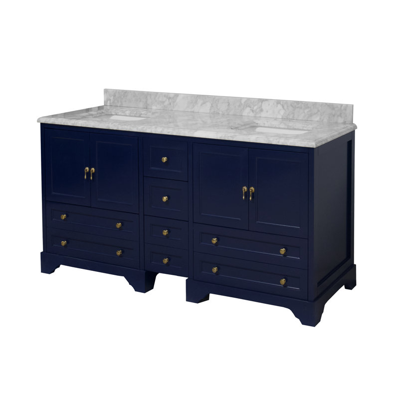 Meuble-lavabo double 72 po avec armoire bleu royal et comptoir en marbre de Carrare Ariel, Bleu royal