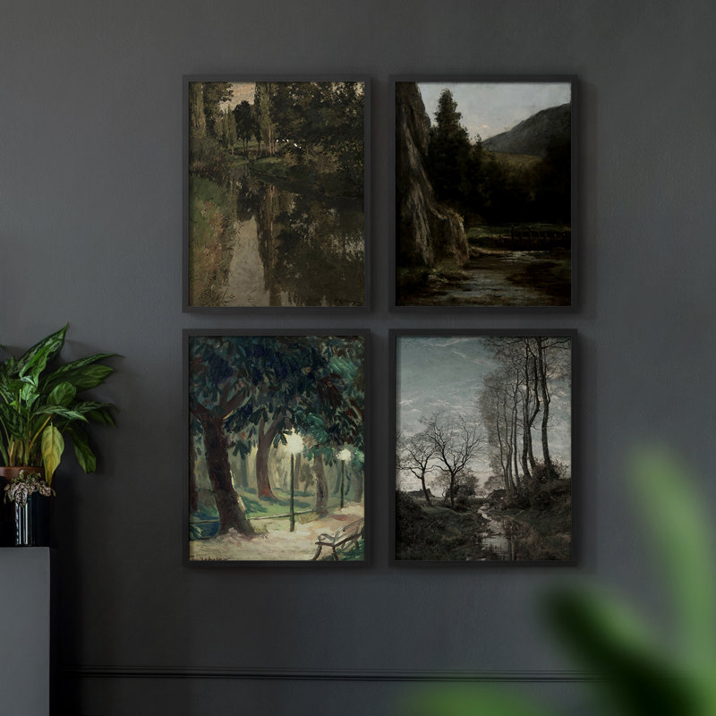 "Paysage rétro", 4 pièces sur papier, Noir, H 14 po x l 44 po