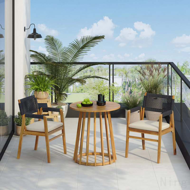 Ensemble de salle à manger d'extérieur en bois d'acacia 3 pièces avec coussins, parfait pour les petits patios et balcons