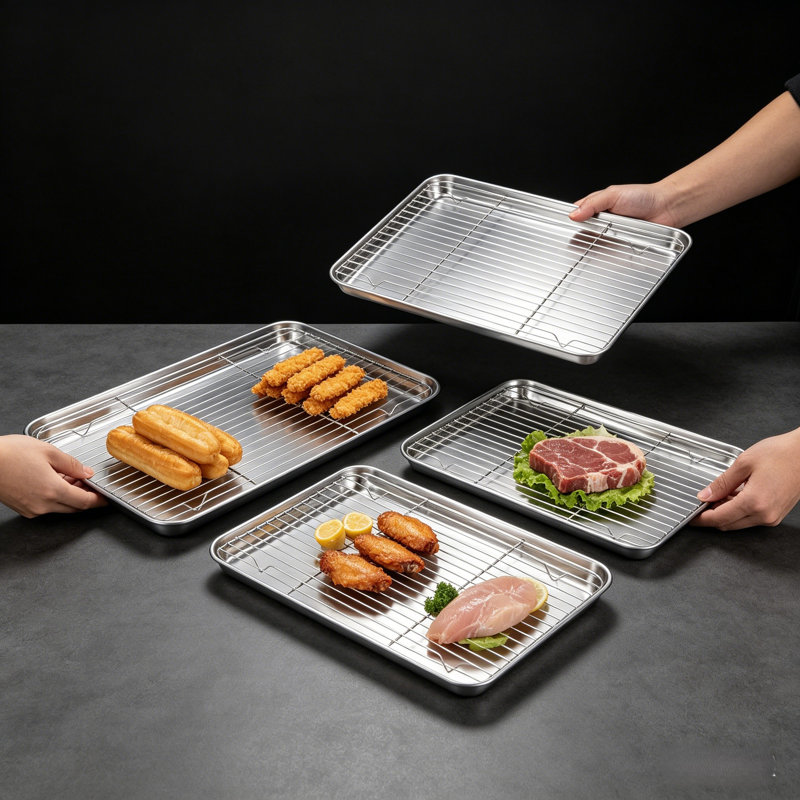 Stainless Steel Baking Pan Mesh Rack with Tray for Grilling, Baking, and Draining