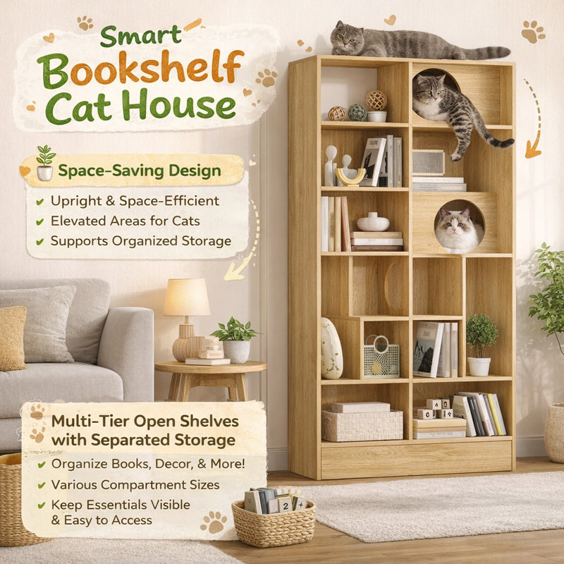 Bibliothèque 2 en 1, vitrine pour arbre à chat, Naturel
