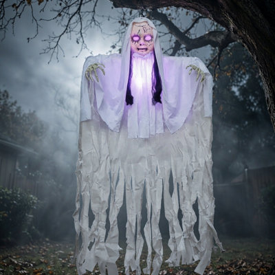Décoration de fantôme suspendue d'Halloween de 43 pouces, fantôme effrayant lumineux avec une tête mauve brillante, accessoire de suspension effrayant à piles pour la cour intérieure, le patio, le porche, la maison hantée, la décoration de fête, 