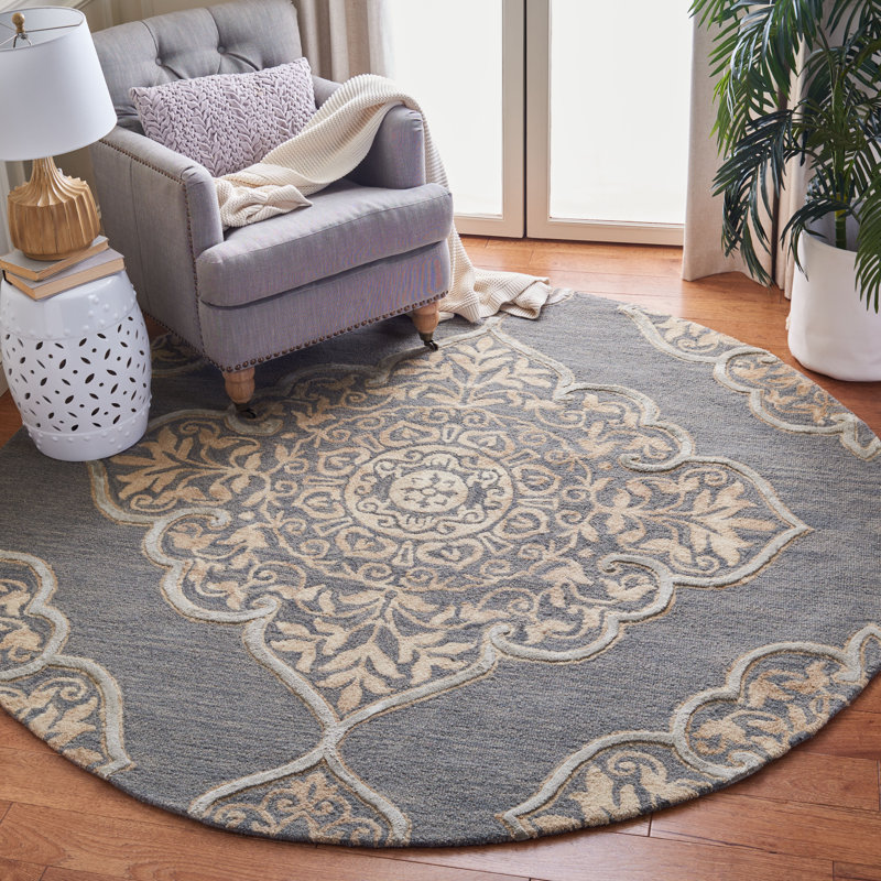 Brennan Hand Tufted Wool/Cotton Geometric Rug in Slate/Beige, Round 7'
