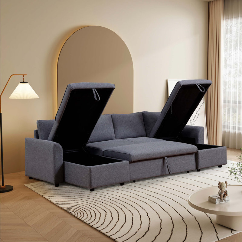 Artemax U-Shape Pull-Out Sleeper Sectional Sofa With Double Storage Spaces, Dark Gray Fabric