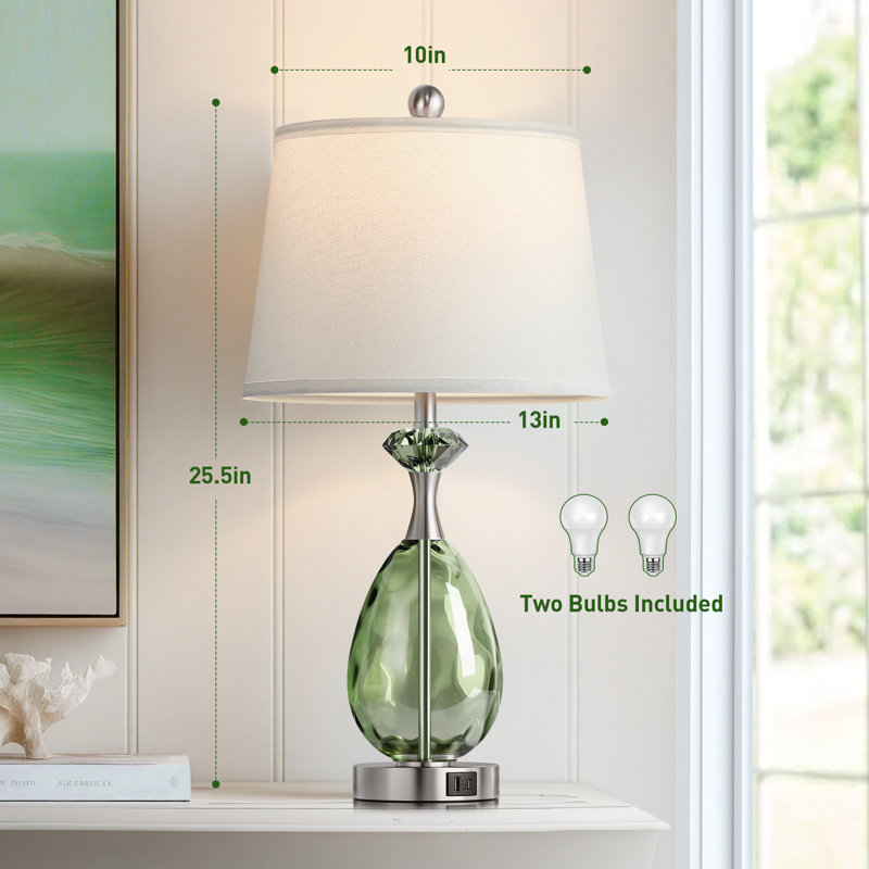26" Glass Table Lamps Set of 2, 3-Way Dimmable Touch Control Bedside Lamp with USB A+C Ports, Green
