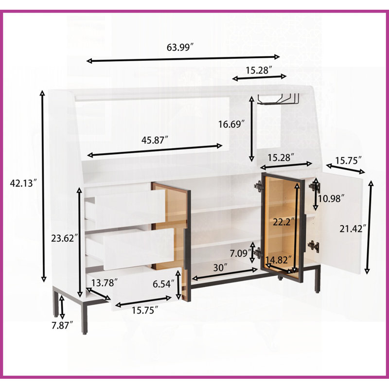 Table basse multifonctionnelle avec 3 tiroirs Porte vitrée, grand rangement pour verres à vin et amp; Décoration dans le salon